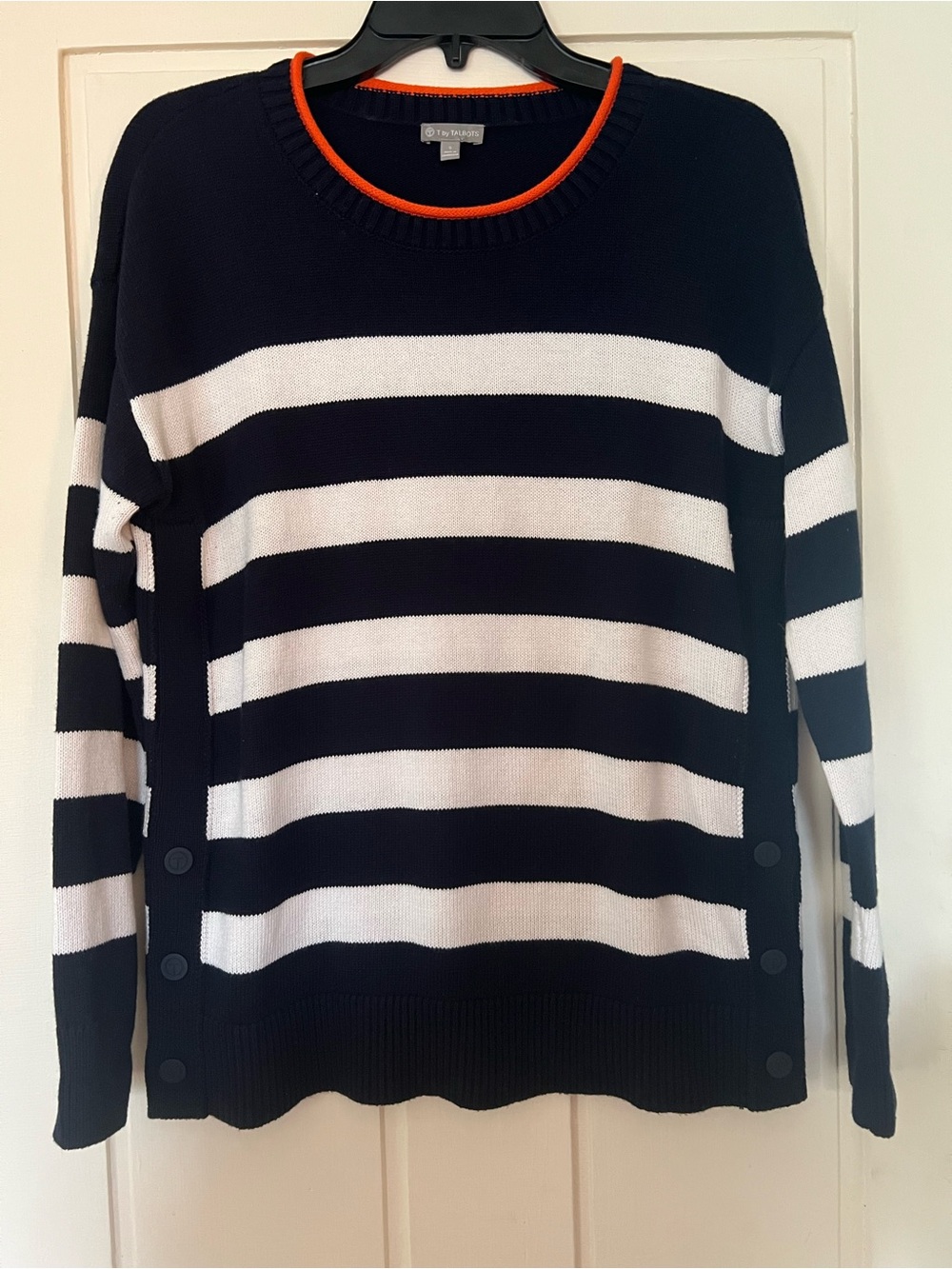 Talbots Navy and White Striped Crewneck Sweater with Orange Trim